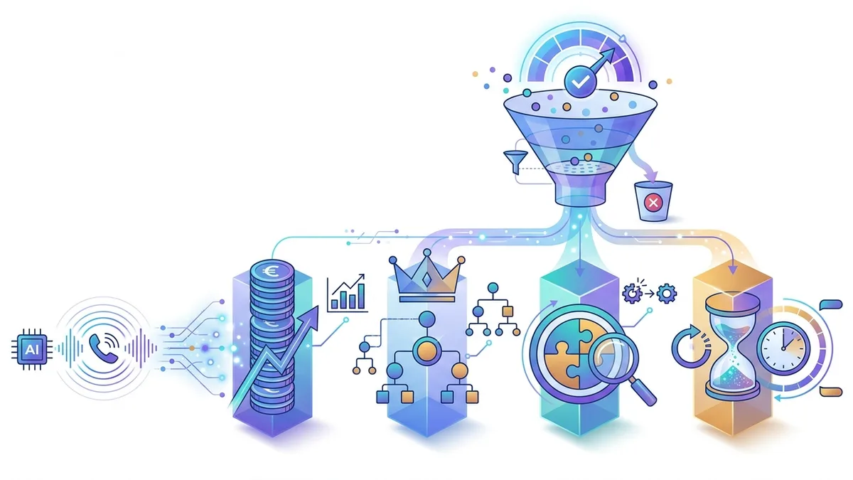 Infographie abstraite de la méthode BANT de qualification de prospect : quatre piliers géométriques Budget, Authority, Need, Timing alimentés par une puce IA analysant un appel commercial, un entonnoir filtrant les leads qualifiés et une jauge de score, en violet et bleu