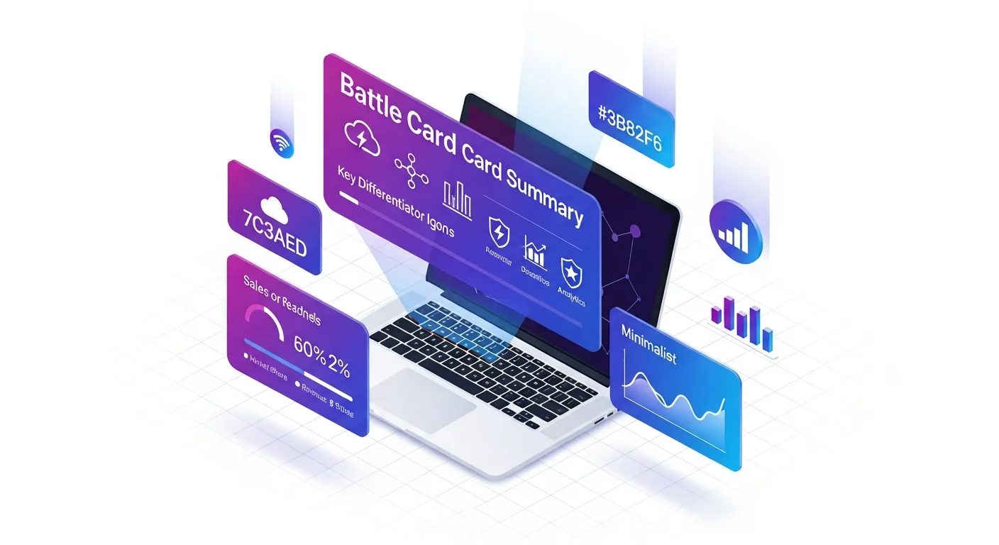 Illustration isométrique 3D d'un tableau de bord battle card commerciale avec panneaux de comparaison concurrentielle, dégradés violet-bleu, grille de fonctionnalités holographique, méthodologie Know-Say-Show 2026