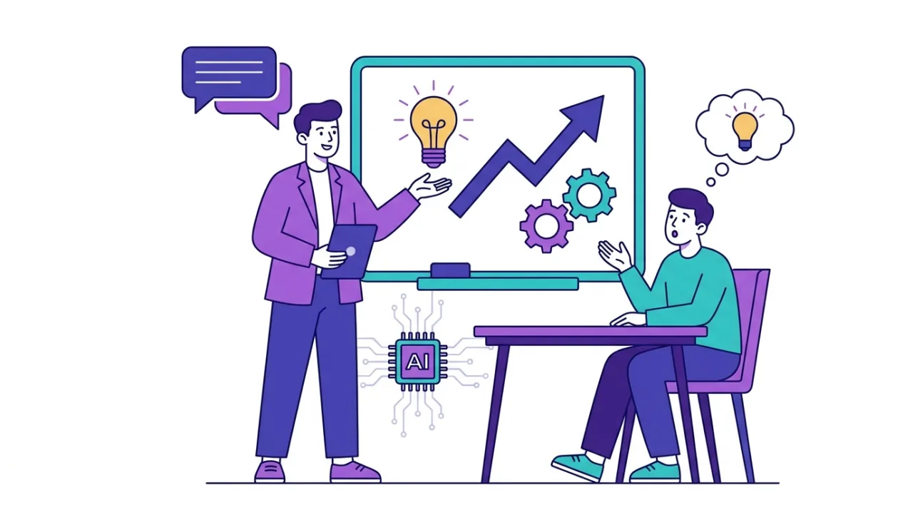 Illustration flat design de la méthode Challenger Sale en vente B2B : un commercial enseigne un insight à un client face à un tableau avec ampoule, courbe de croissance et puce IA d'analyse d'appel, en violet et bleu
