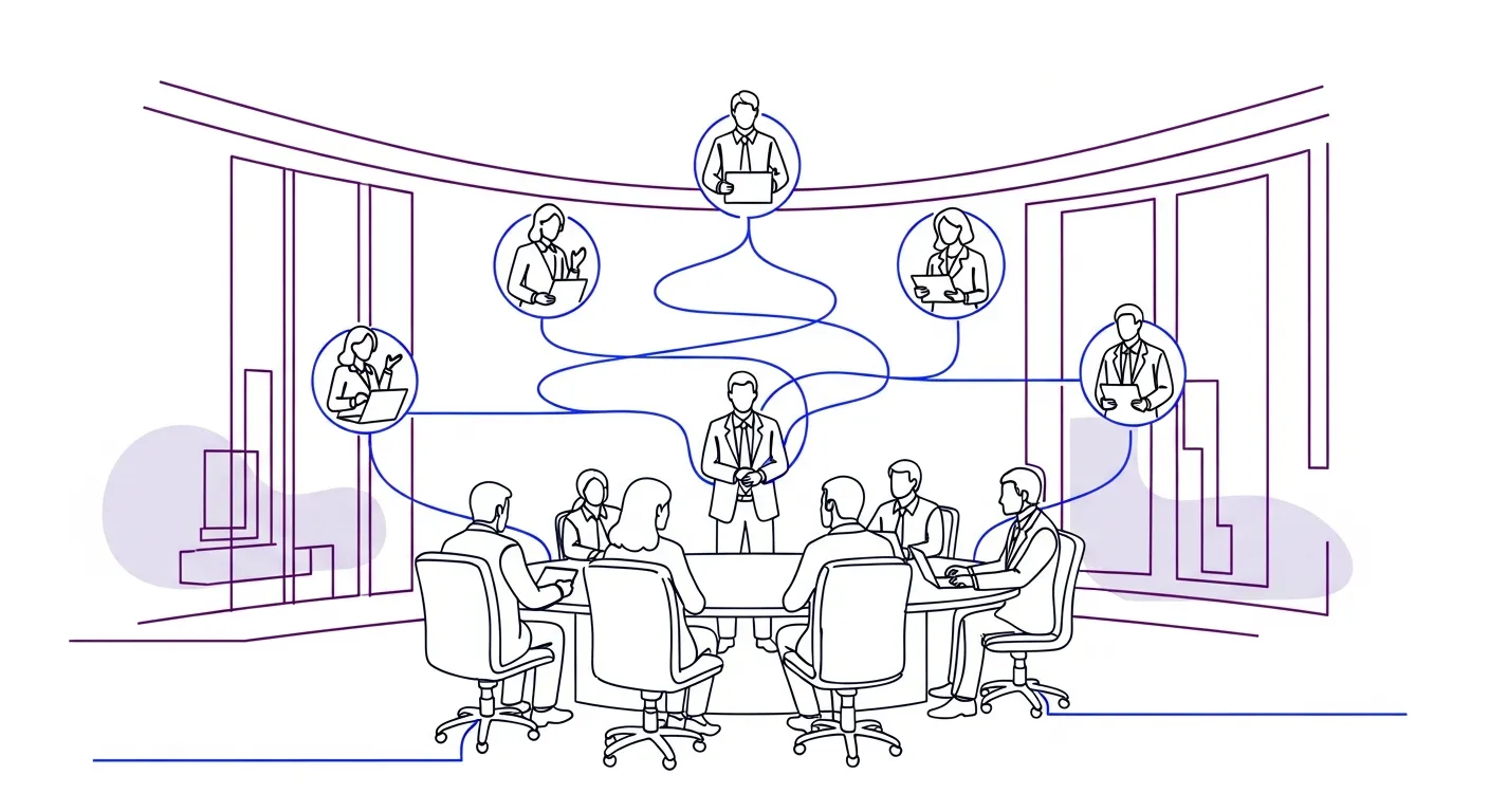 Illustration en dessin au trait moderne représentant un champion B2B au centre d'un buying committee, lignes continues violet-bleu sur fond clair, connexions entre stakeholders, méthodologie MEDDPICC champion building 2026