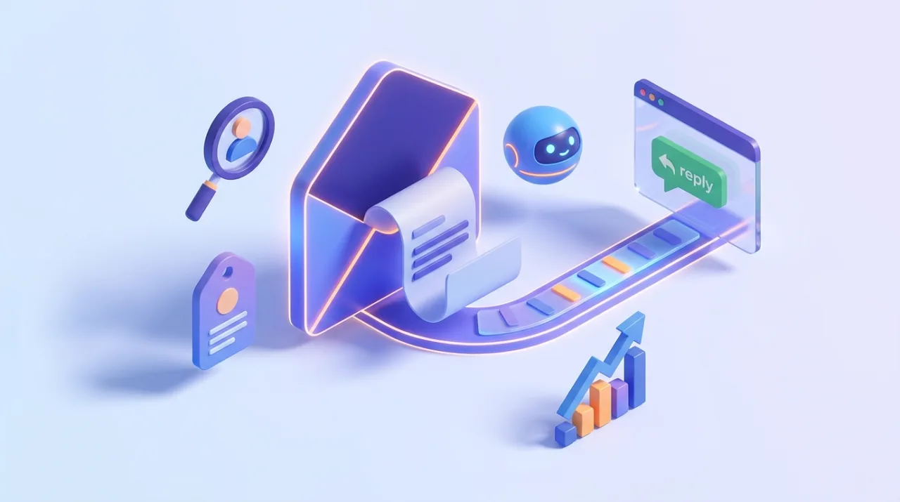 Illustration isométrique 3D d'un email de prospection commerciale B2B : enveloppe qui s'ouvre, message personnalisé par IA envoyé vers la boîte de réception d'un prospect et courbe de taux de réponse, palette indigo et violet