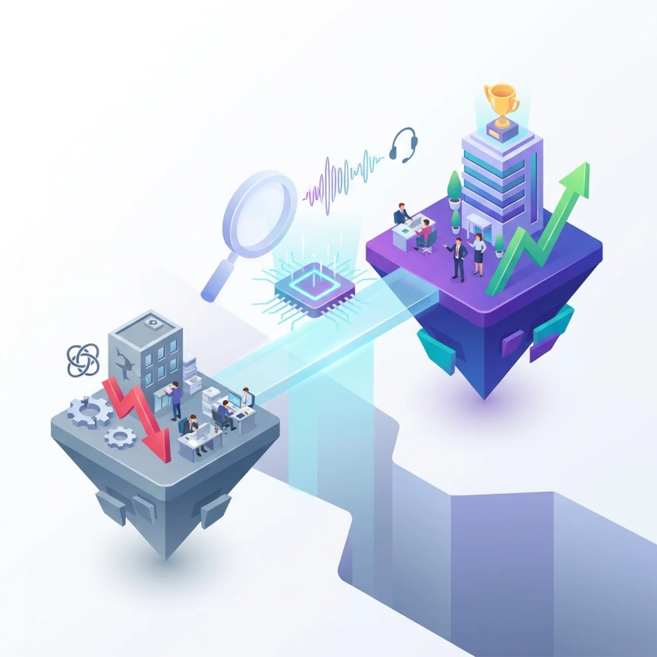 Illustration isométrique 3D de la méthode GAP selling en vente B2B : un îlot état actuel gris avec une flèche rouge descendante relié à un îlot état désiré violet avec trophée et courbe de croissance verte, une loupe de diagnostic et une puce IA analysant l'onde d'un appel commercial