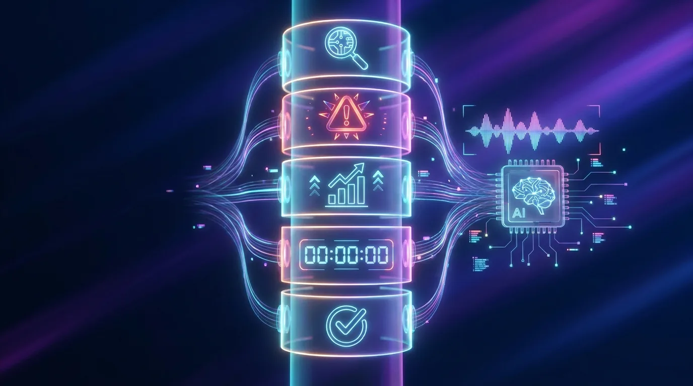 Illustration futuriste de la méthode SPICED en vente B2B : un pipeline holographique à cinq niveaux lumineux (Situation, Pain, Impact, Critical event, Decision) relié par des lignes néon, avec une puce IA analysant l'onde sonore d'un appel commercial