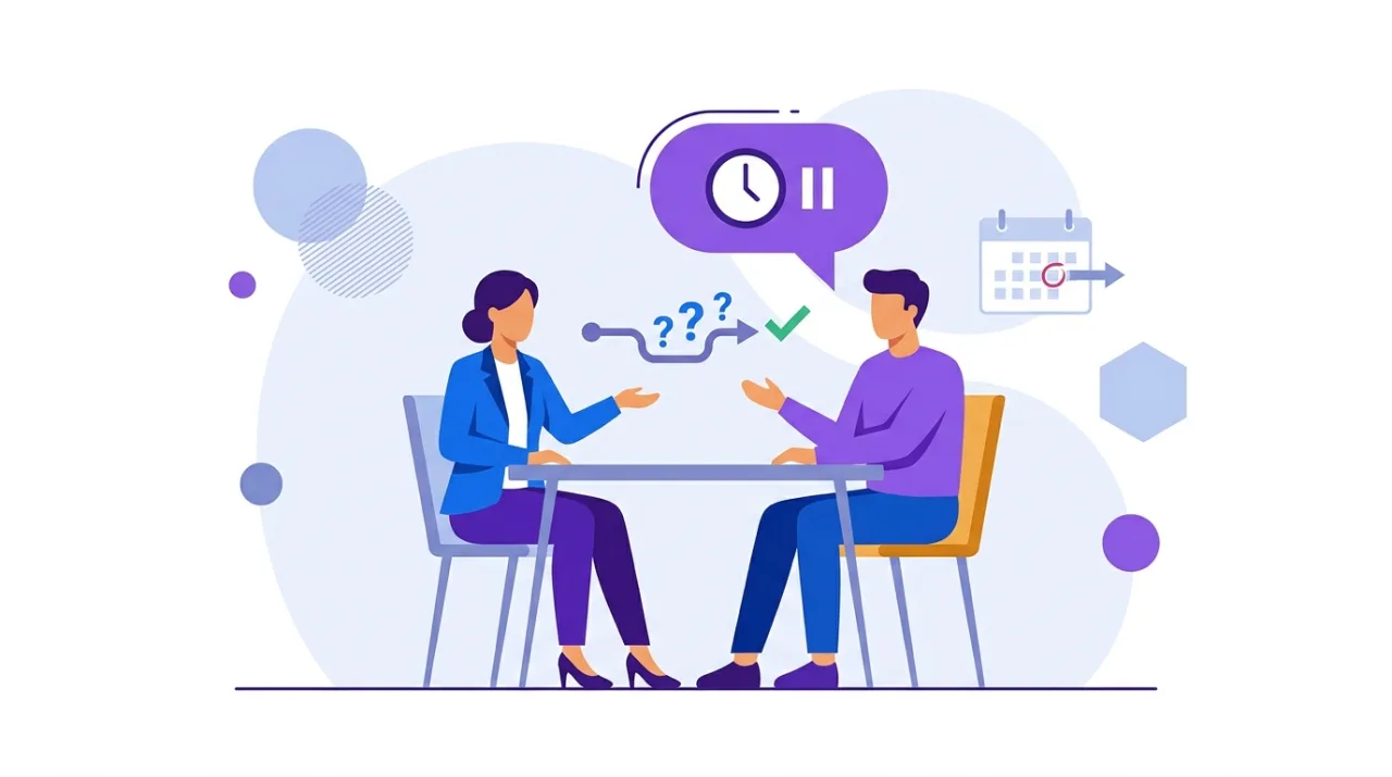 Illustration flat design d'un commercial répondant à l'objection « je vais réfléchir » face à un prospect hésitant, bulle de pause et prochain rendez-vous fixé