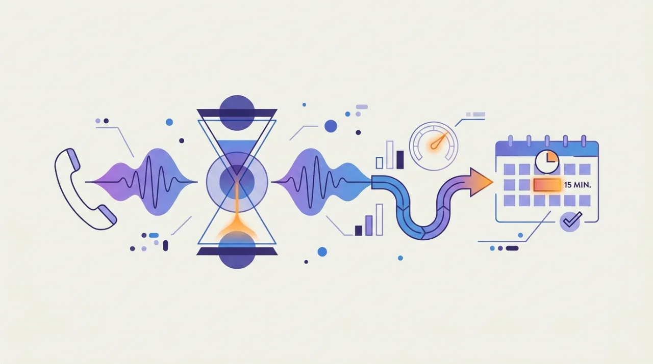 Infographie abstraite illustrant l'objection « je n'ai pas le temps » en prospection téléphonique : un sablier, des bulles d'appel et un créneau de 15 minutes réservé dans un agenda