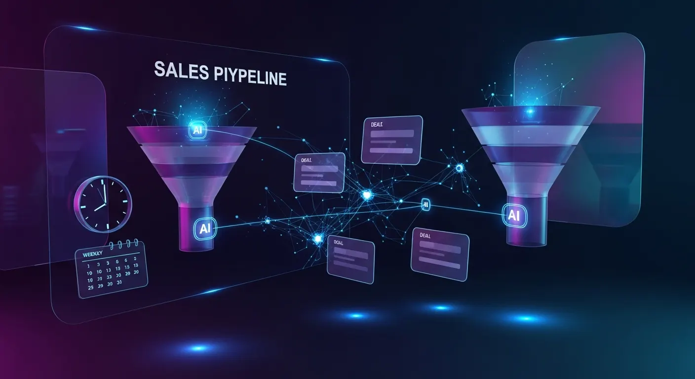 Illustration tech futuriste de pipeline review IA en 2026 : cartes Kanban holographiques de deals B2B flottant dans un espace 3D, nœuds de signaux IA détectant les deals à risque, lignes de réseau neuronal entre les stages, horloge symbolisant le rituel hebdomadaire, fond bleu nuit avec accents violet et bleu électrique