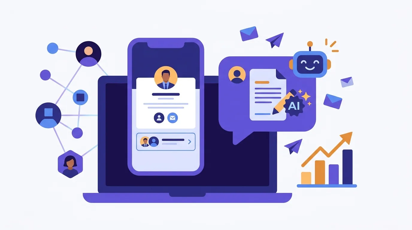 Illustration flat design de la prospection LinkedIn assistée par IA : profil professionnel, message personnalisé, assistant IA et courbe d'engagement, palette indigo et violet