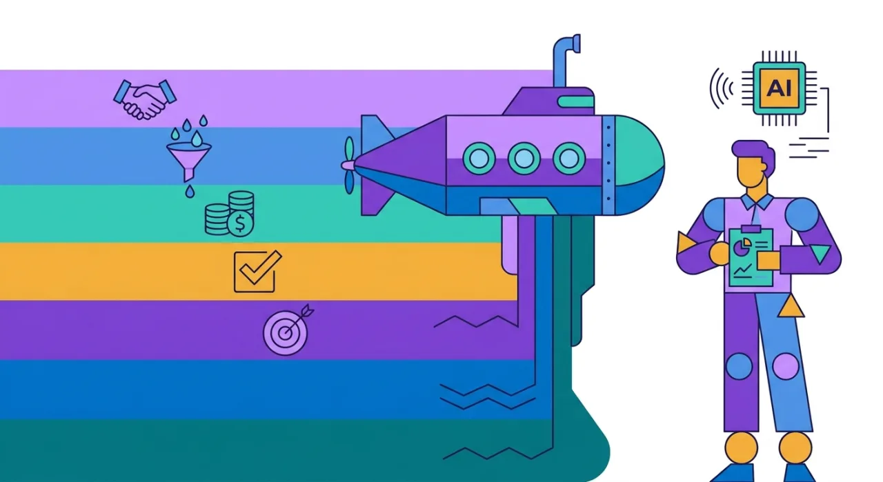 Illustration flat design de la méthode Sandler en vente B2B : un sous-marin stylisé descendant à travers 7 couches de profondeur (les 7 étapes du sous-marin Sandler) avec icônes contrat initial, entonnoir de la douleur, budget et décision, un commercial serein et une puce IA analysant l'onde d'un appel commercial
