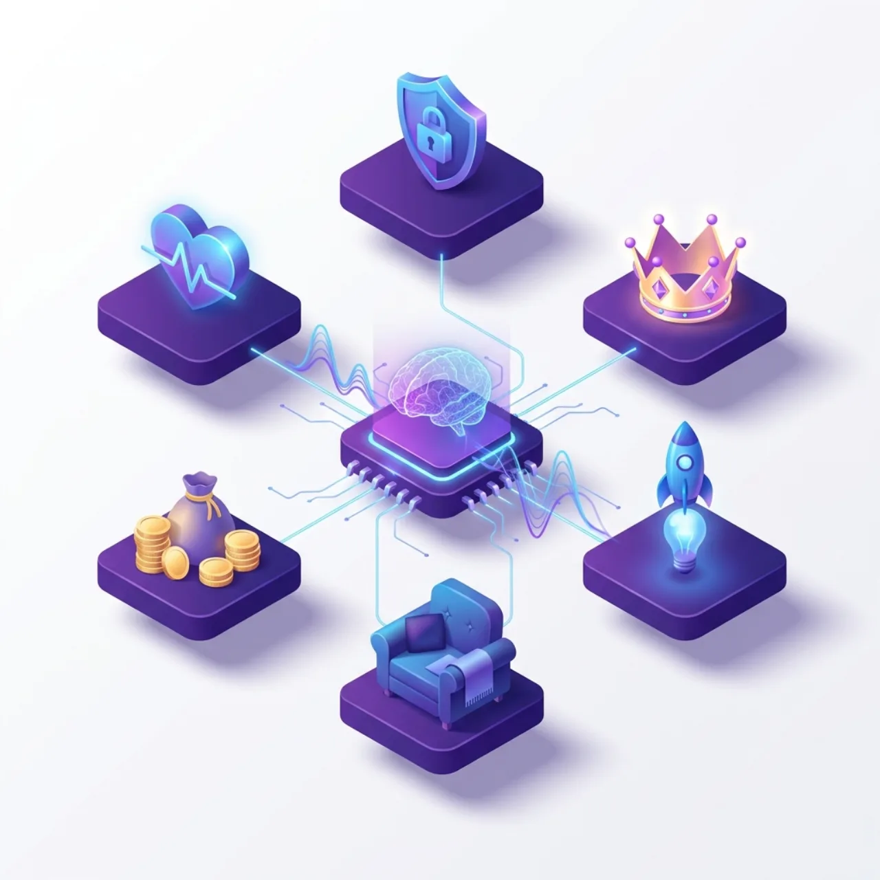 Illustration isométrique 3D de la méthode SONCAS : six blocs représentant les leviers d'achat Sécurité (bouclier), Orgueil (couronne), Nouveauté (fusée), Confort (fauteuil), Argent (pièces) et Sympathie (cœur), reliés à une puce IA centrale qui analyse un appel commercial pour détecter le profil SONCAS, en violet et bleu