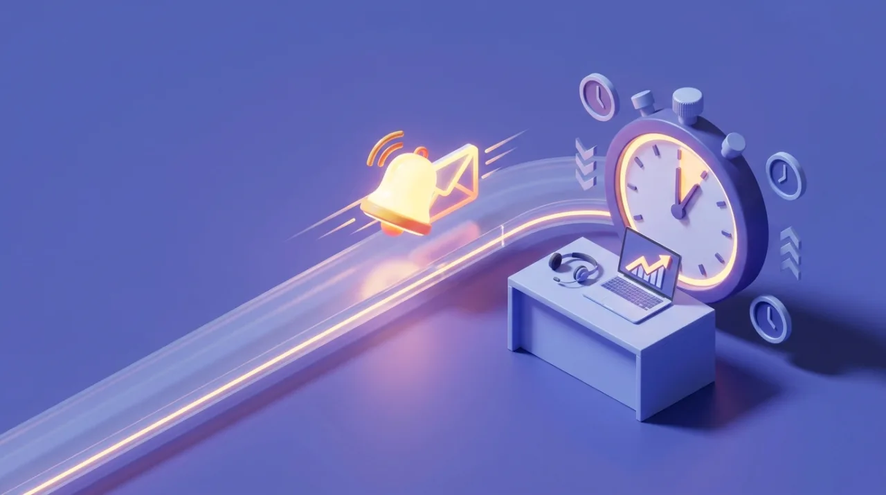 Illustration isométrique 3D du speed to lead en vente B2B : une notification de lead entrant filant à toute vitesse sur une piste lumineuse vers le bureau d'un commercial avec casque et ordinateur, à côté d'un grand chronomètre symbolisant le temps de réponse au prospect