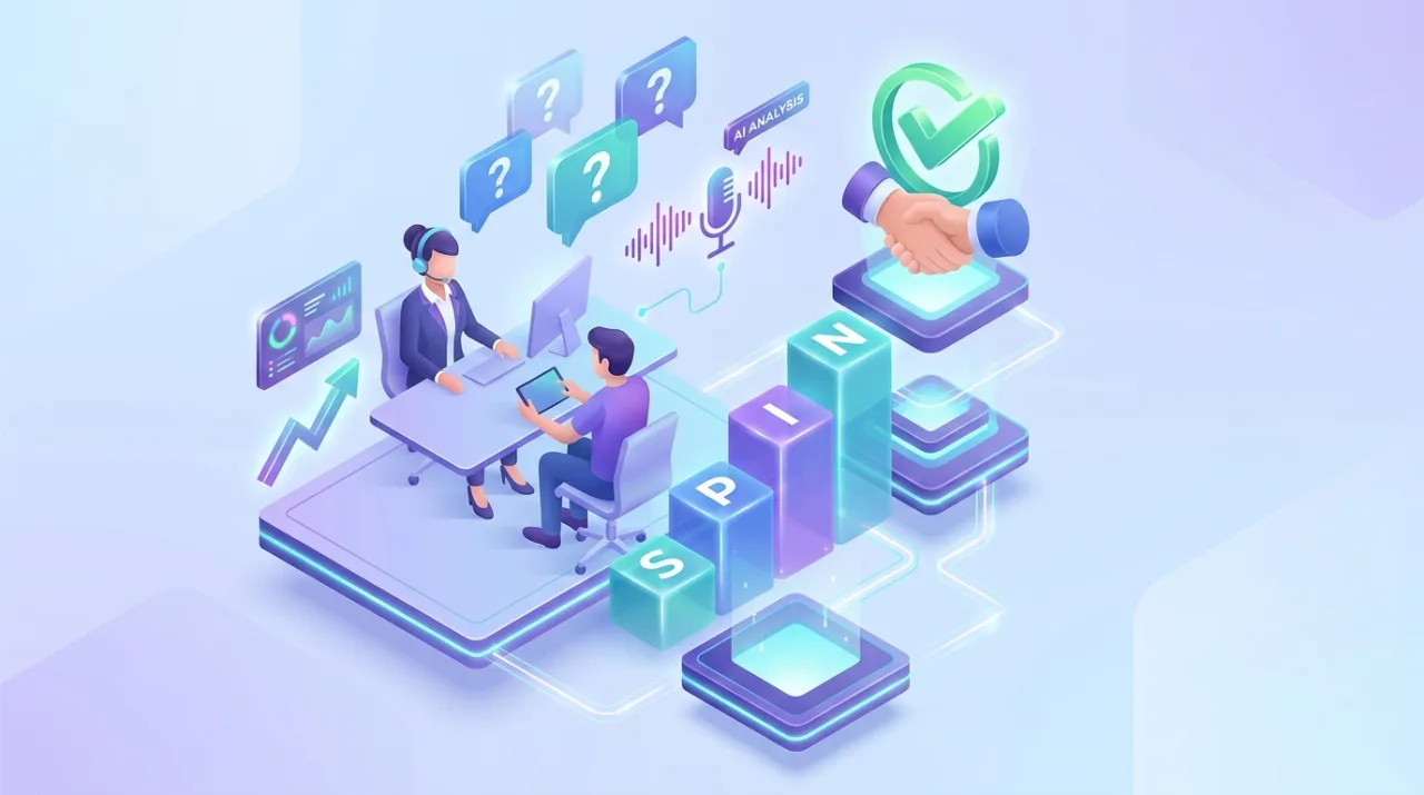 Illustration isométrique 3D de la méthode SPIN selling en 2026 avec un escalier de blocs S-P-I-N menant à une poignée de main, des bulles de questions et une analyse d'appel par IA en violet et bleu