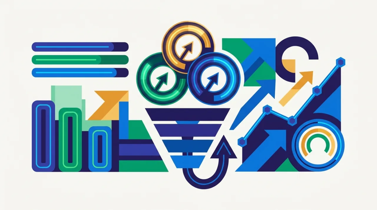 Illustration infographique abstraite d'un tableau de bord commercial : graphiques de KPI, jauges de performance, entonnoir de conversion et courbes de vente en indigo, bleu et vert