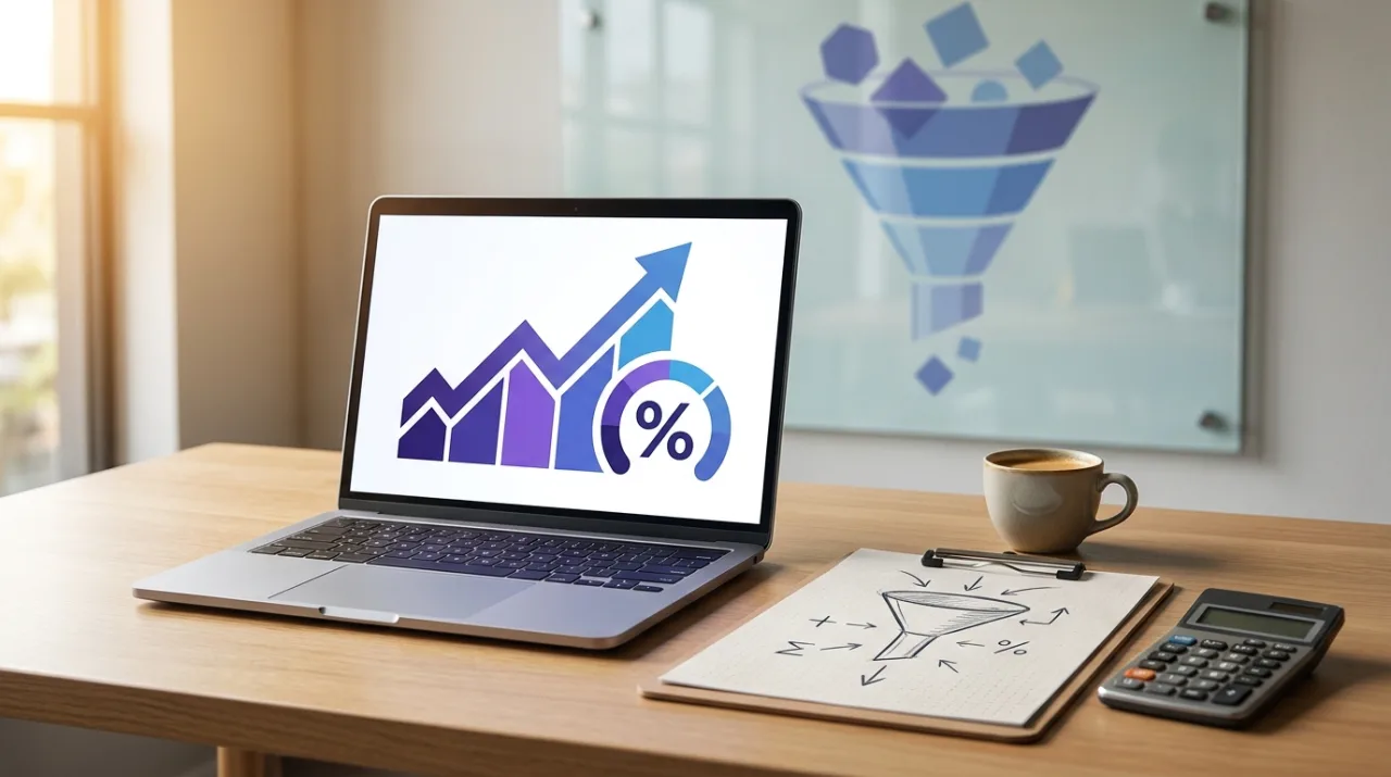 Illustration photoréaliste du taux de transformation commercial : un bureau avec un ordinateur affichant un entonnoir de conversion des ventes, une feuille avec la formule de calcul du taux de transformation et une calculatrice