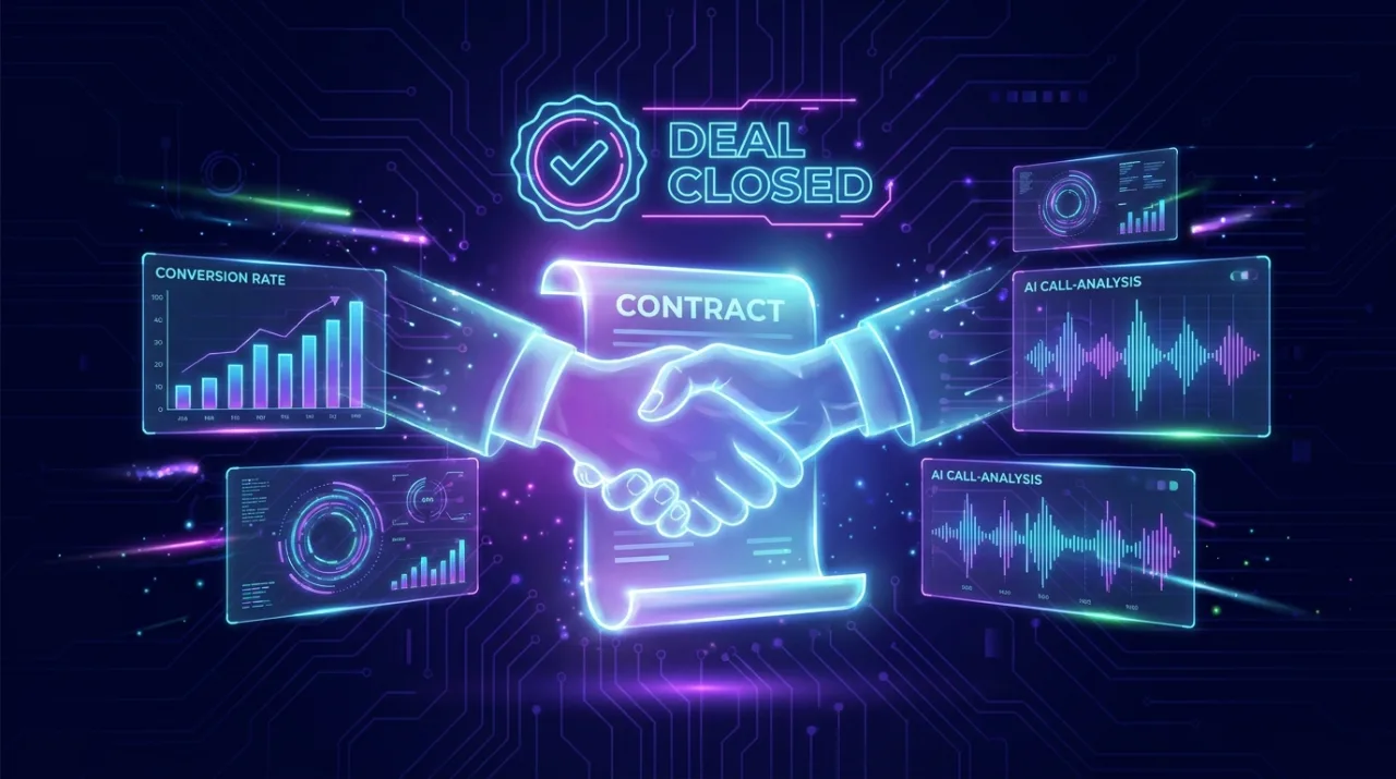 Illustration futuriste néon des techniques de closing : deux mains holographiques concluent une poignée de main sur un contrat numérique, avec un badge deal closé, des courbes de taux de conversion en hausse et une analyse d'appel par IA, en violet et cyan