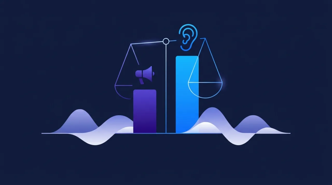 Infographie du temps de parole commercial : une balance opposant un porte-voix (parler) et une oreille (écouter) au-dessus de courbes sonores, illustrant le ratio écoute/parole idéal en vente