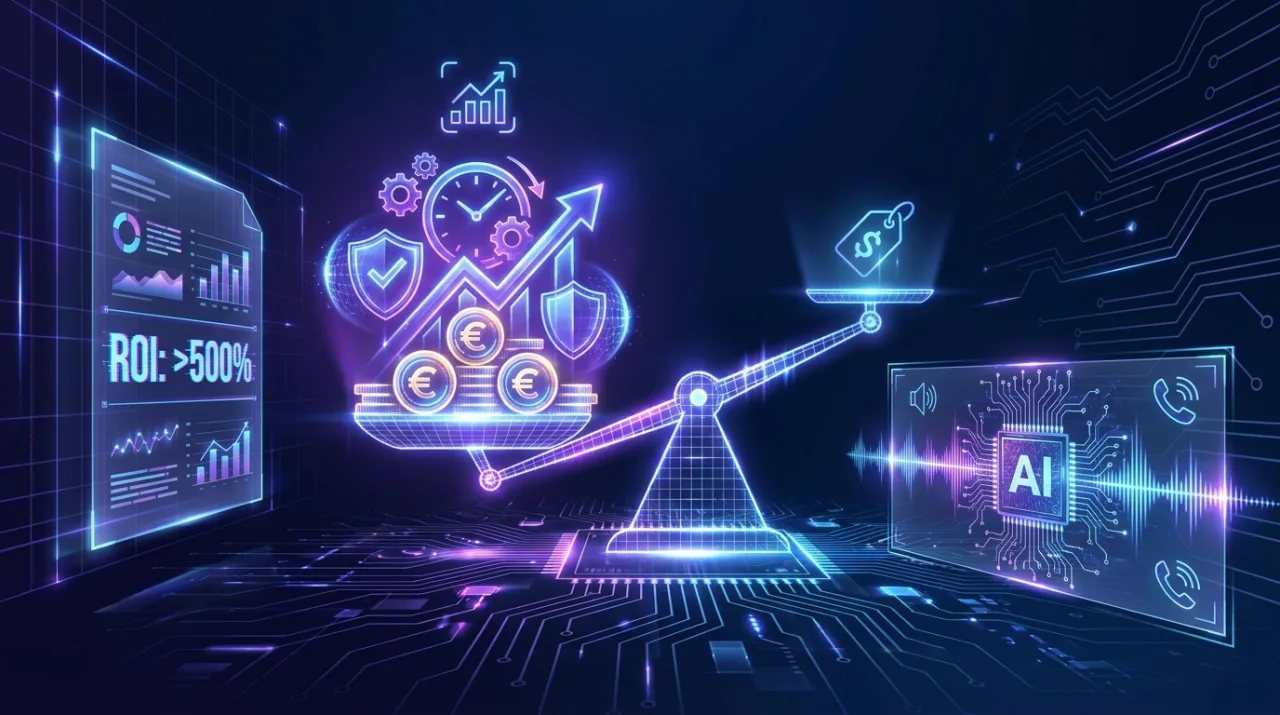 Illustration futuriste néon de la méthode value selling en vente B2B : une balance holographique opposant un petit prix à une grande valeur business chiffrée (ROI, euros gagnés, temps économisé), un business case lumineux et une puce IA analysant l'onde d'un appel commercial, en violet et bleu