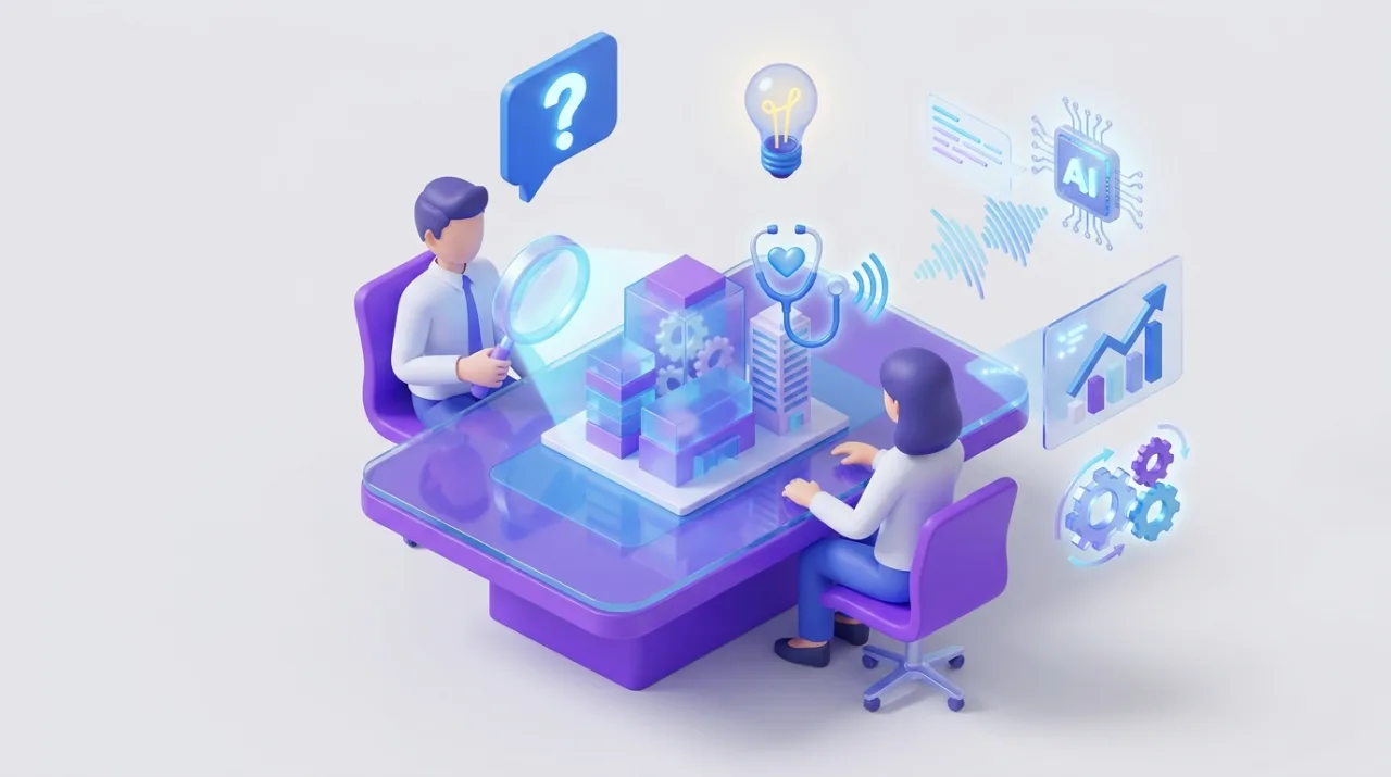 Illustration isométrique 3D de la vente consultative B2B : un commercial conseiller posant un diagnostic à la loupe sur le problème d'un client, entouré d'icônes de questions, de valeur en hausse et d'une puce IA analysant l'appel, en violet et bleu